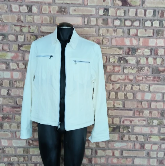 John Varvatos Men's XL White Denim Jacket Zip Up Zippers